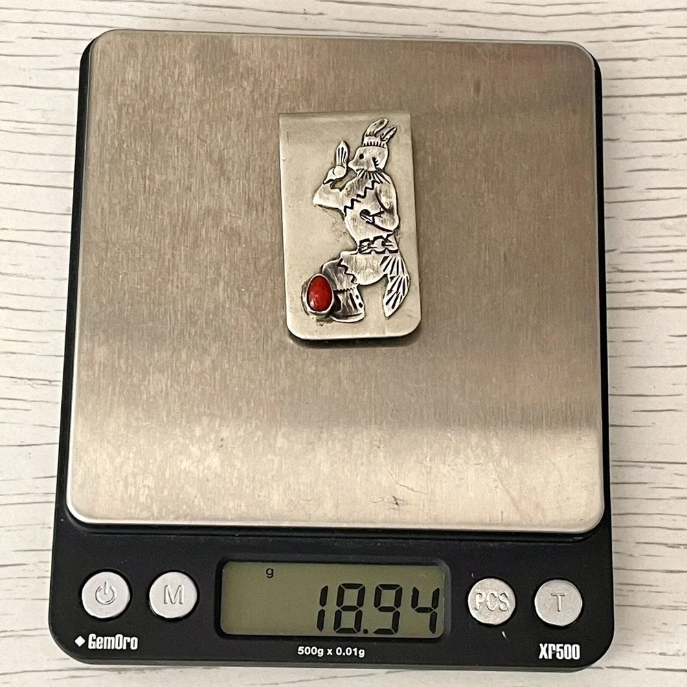Kachina Fox Dancer‎ Coral Money Clip Sterling Hopi VTG Native Amer Turquoise